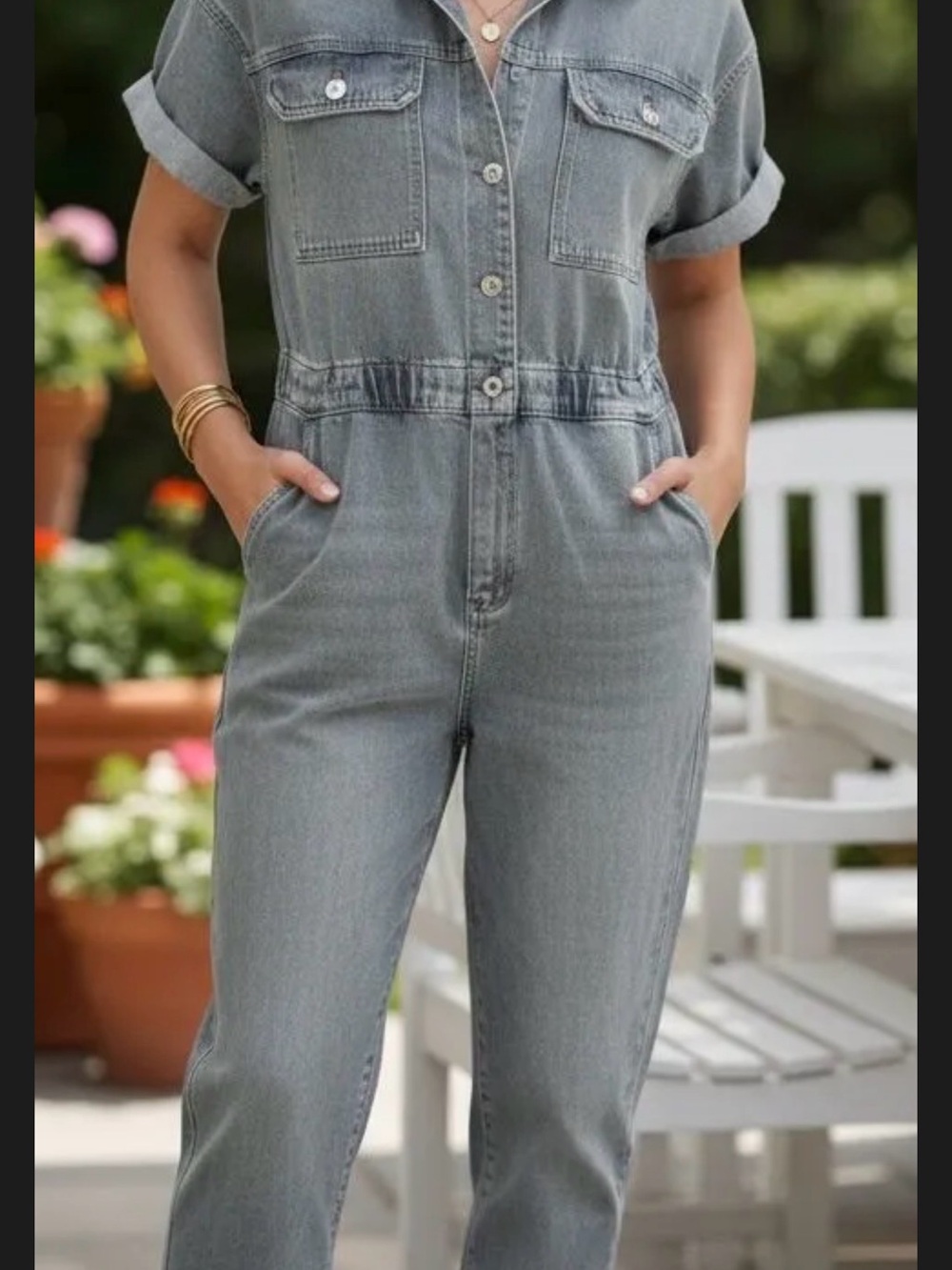 Free People Grey Denim Button-Front Jumpsuit